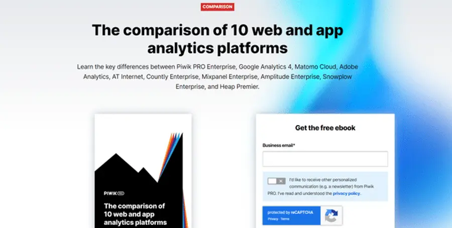 Webpage offering a comparison of 10 web and app analytics platforms, featuring a free ebook download form.
