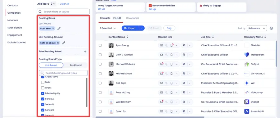 funding data and type filters zoominfo