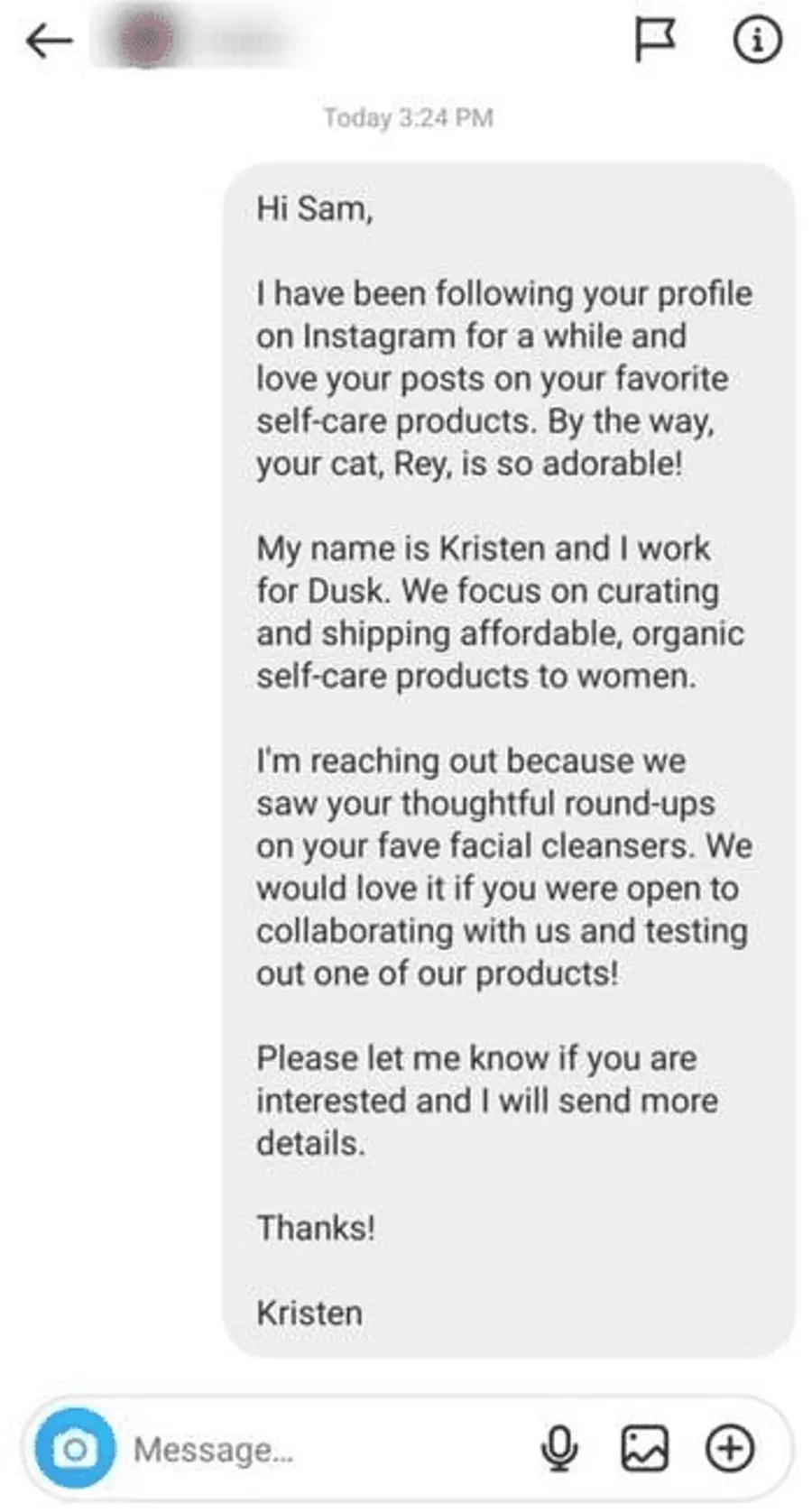 Outreach message to Instagram infuencer