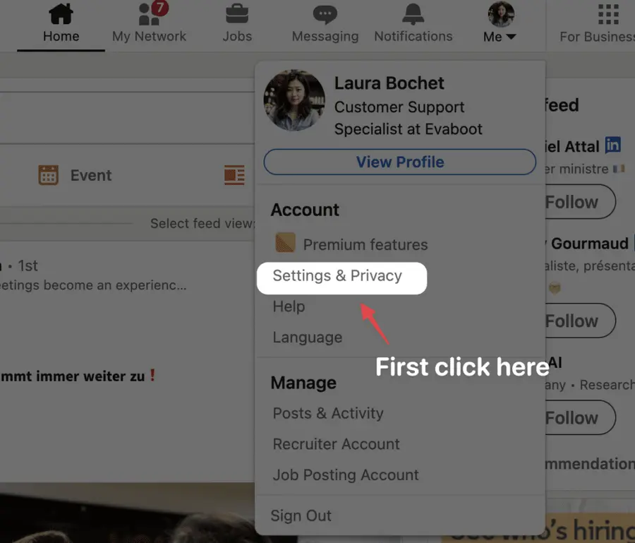 click settings and privacy option on linkedin