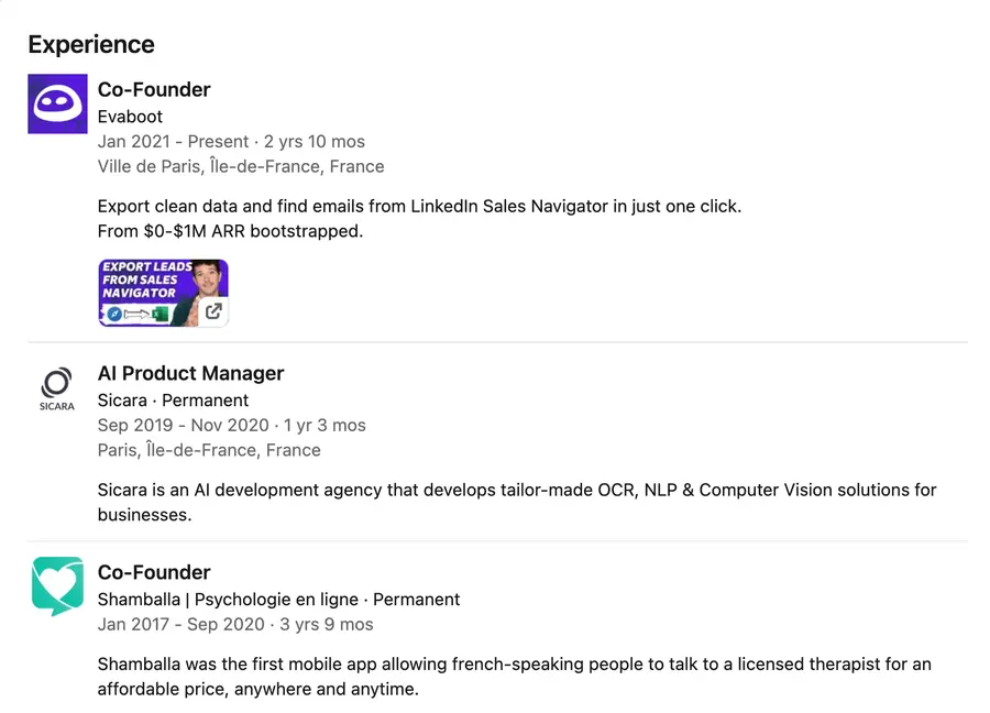 Profile experience section example