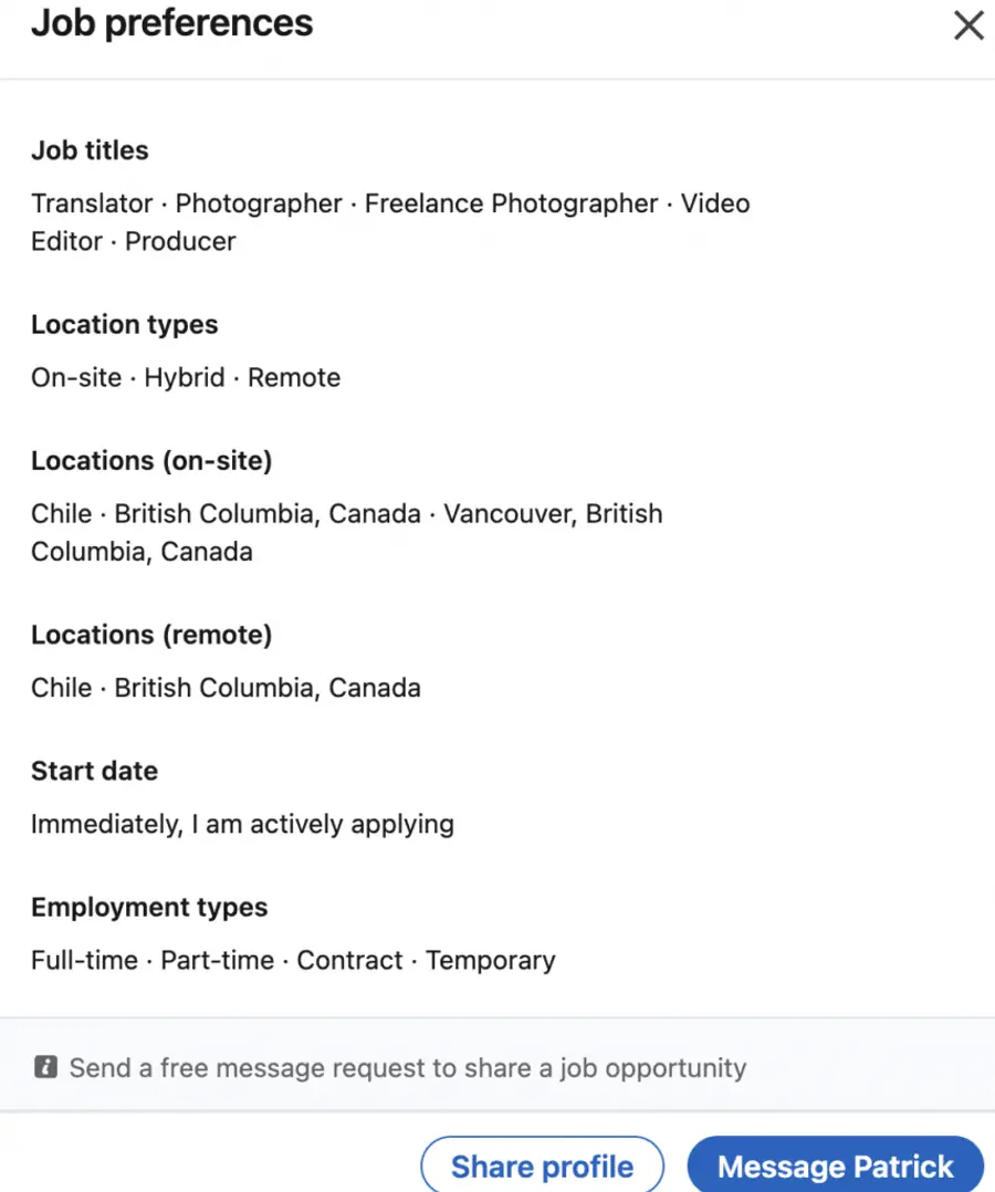 view job preference on linkedin
