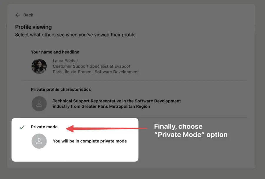 how to change to private mode on linkedin
