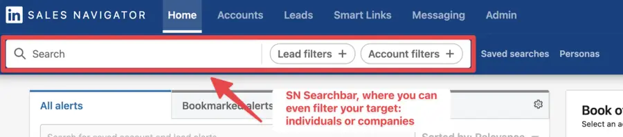 use linkedin sales navigator search bar for finding leads or companies 