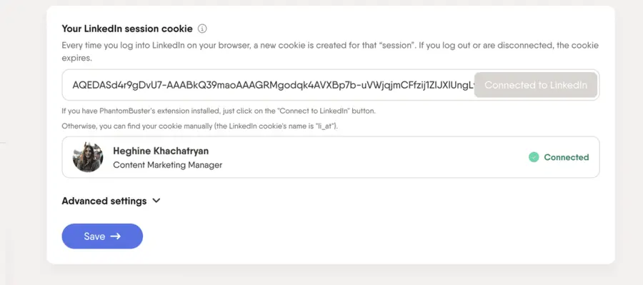 connect linkedin page to phantombuster