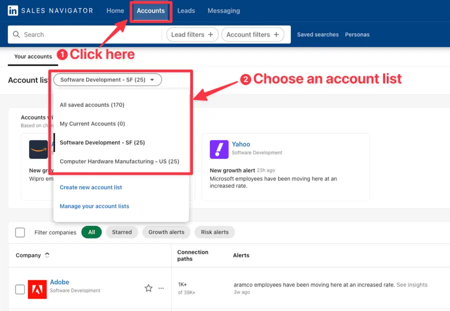 Sales Navigator Accounts page
