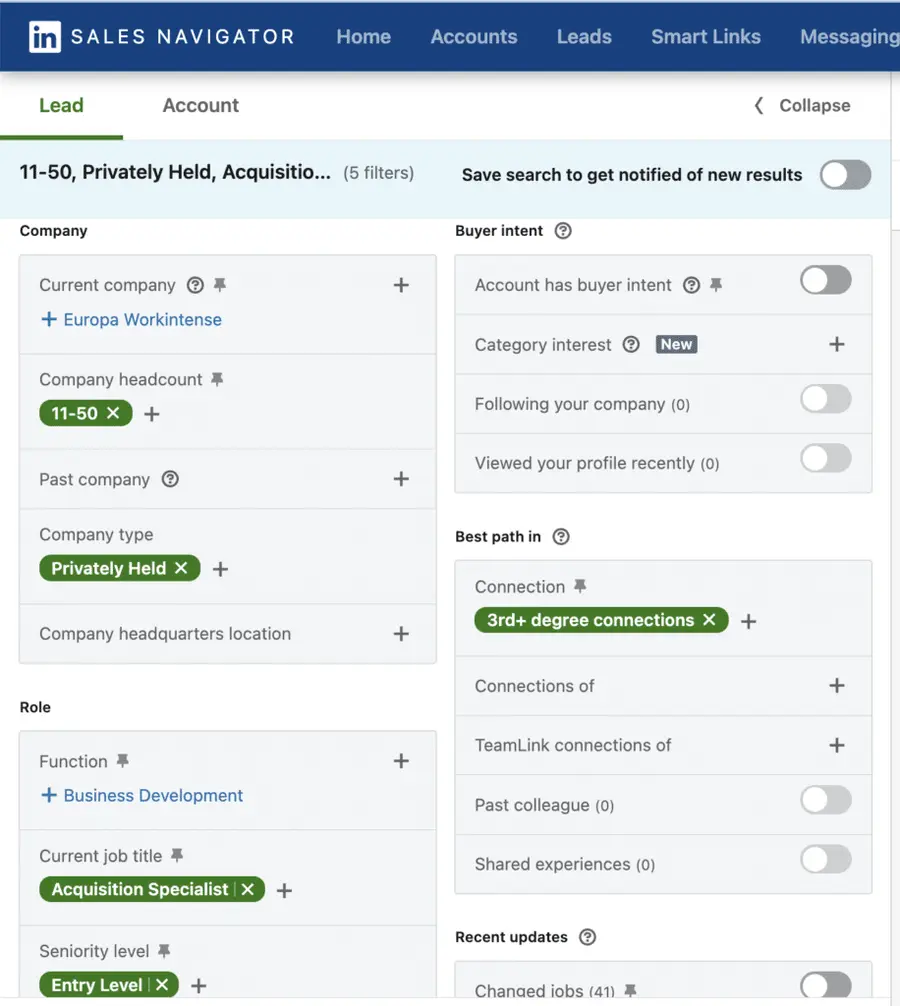 use sales navigator filters to find candidates