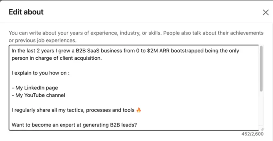 Edit view of about section