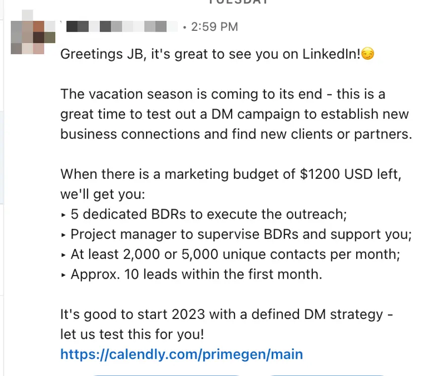 bad linkedin prospecting message