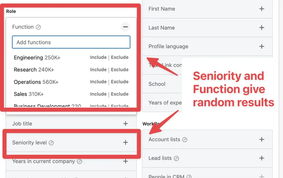 seniority and function filter sales navigator 