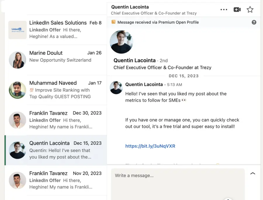 linkedin outreach inbox example 