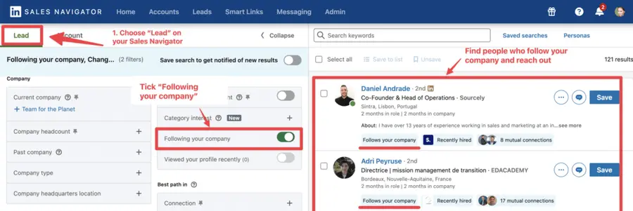 use following your company filter on sales navigator to find people you follow you on linkedin