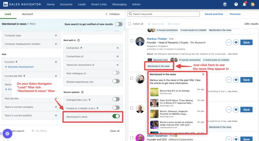 on linkedin search navigator use mentioned in news filter for reacting to their company news