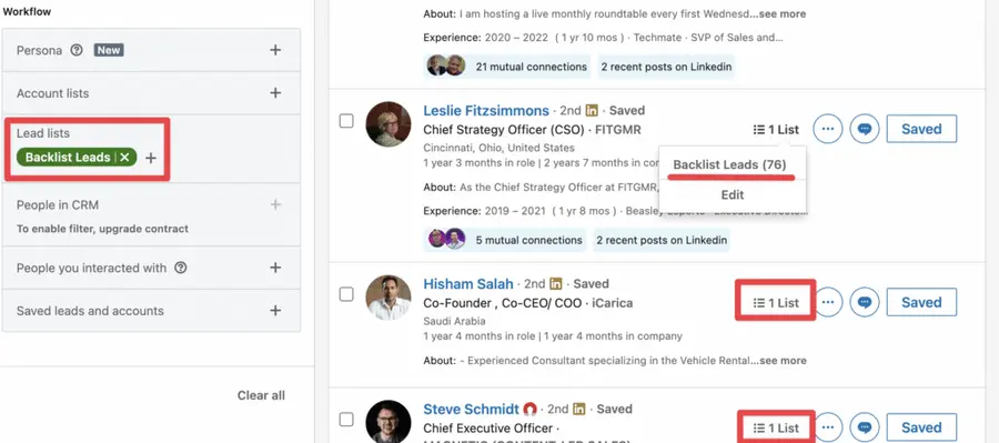 lead list filter for using saved account lists
