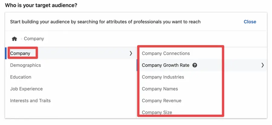 audience filter by company linkedin ads