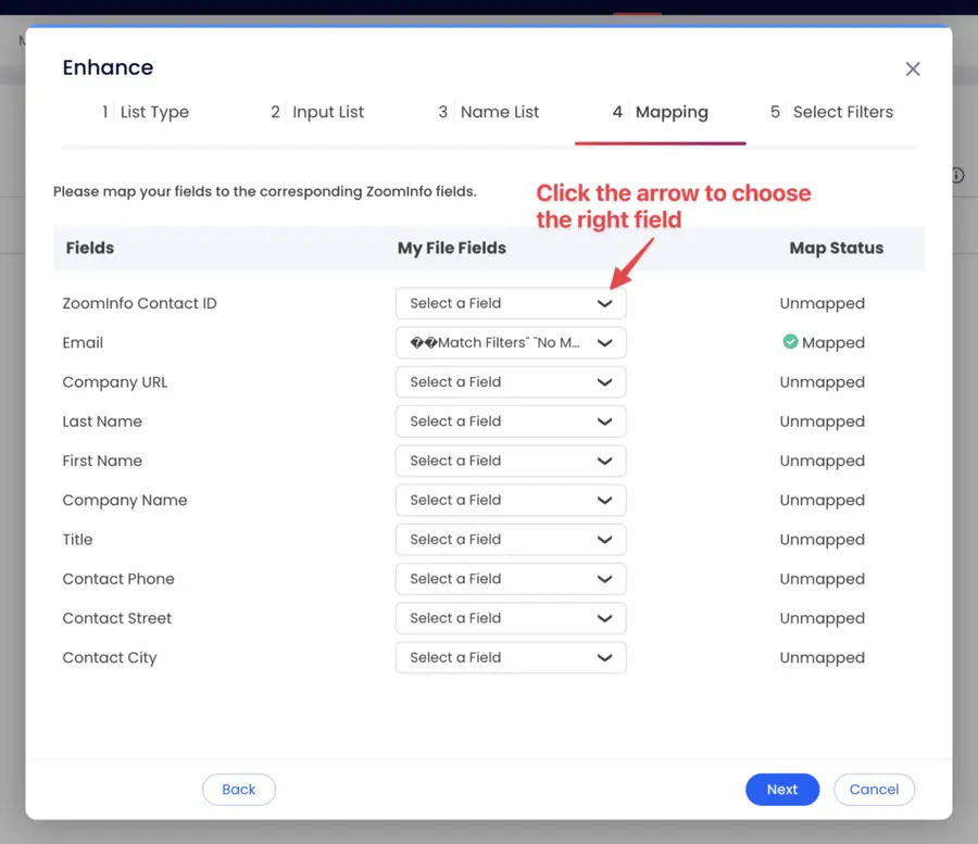 mapping of upload lead lists zoominfo