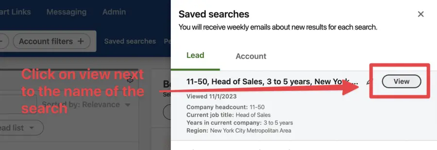 view sales navigator saved search