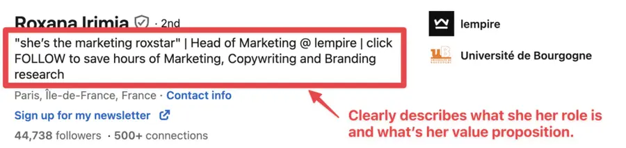 best example of linkedin headline for credibility and trust and successful outreach