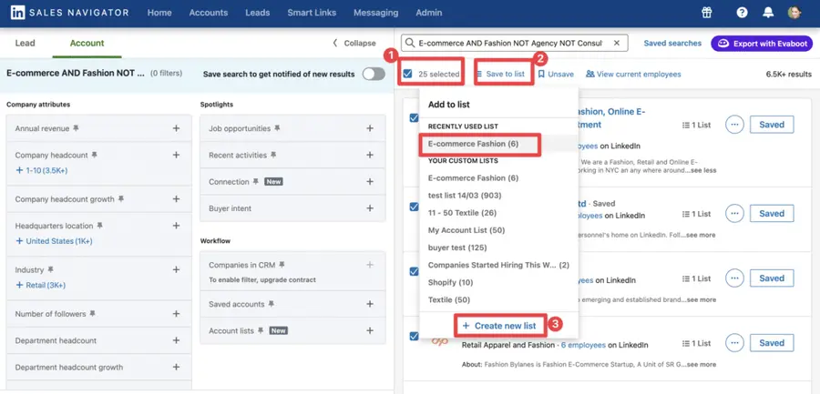 how to create an e-commerce account list on linkedin sales navigator