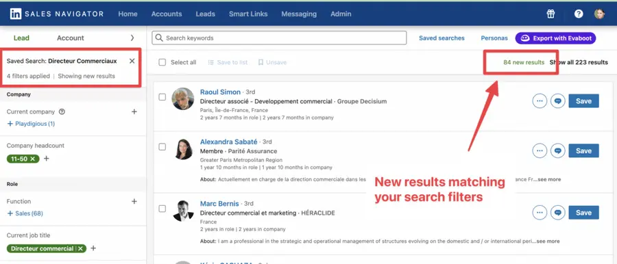linkedin sales navigator saved searches results