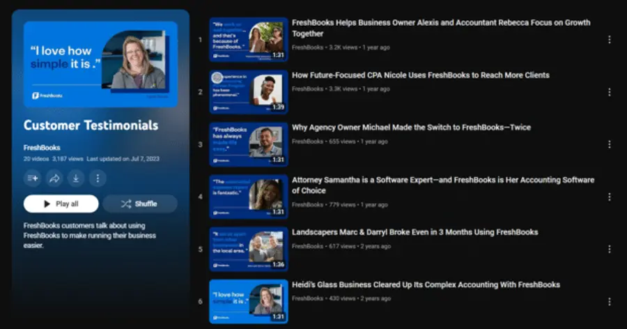 YouTube playlist of FreshBooks customer testimonial videos, featuring various business owners and professionals sharing their experiences with the software.