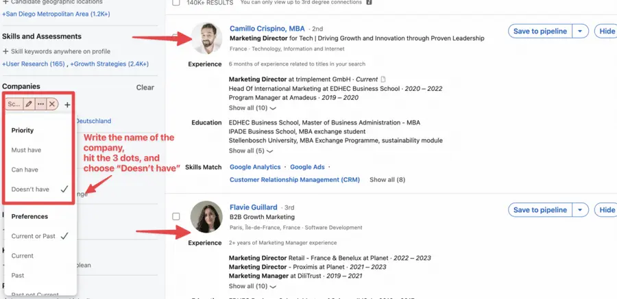 use exclude filter on linkedin recruiter