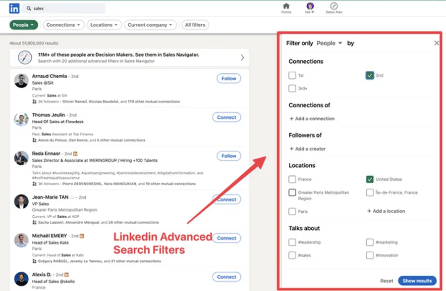 LinkedIn advanced search page showing results for 'sales' with filters for connections, locations, and topics.