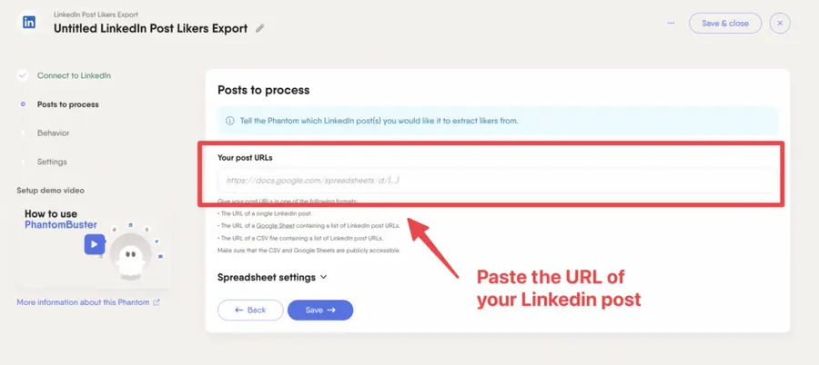 paste linkedin post url in scraping tool