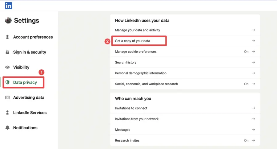 download linkedin account data from profile data privacy 