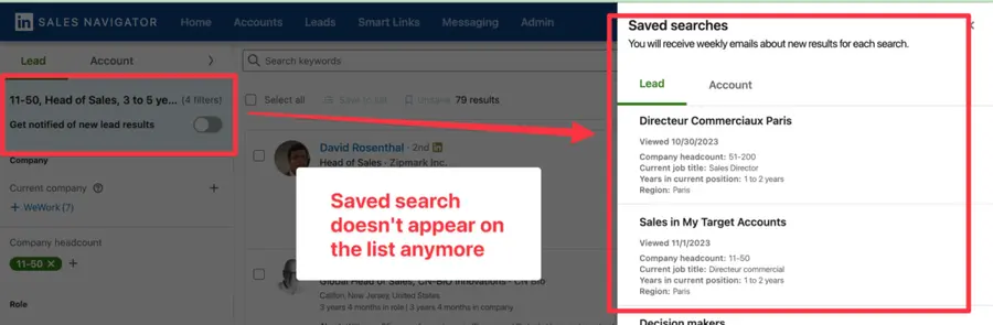 sales navigator saved search deletion