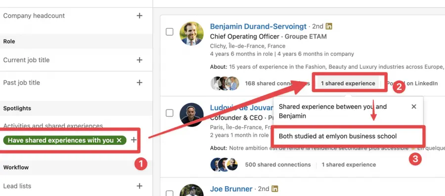 shared experience filter sales navigator