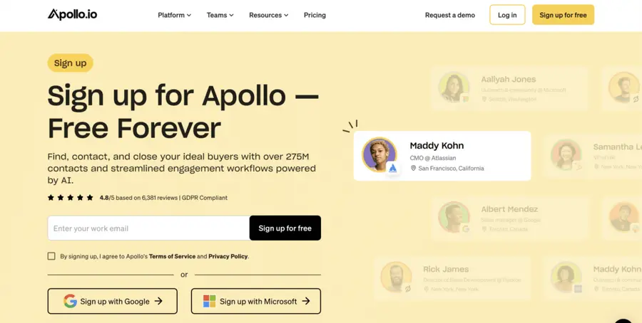 how to sign for free to Apollo.io