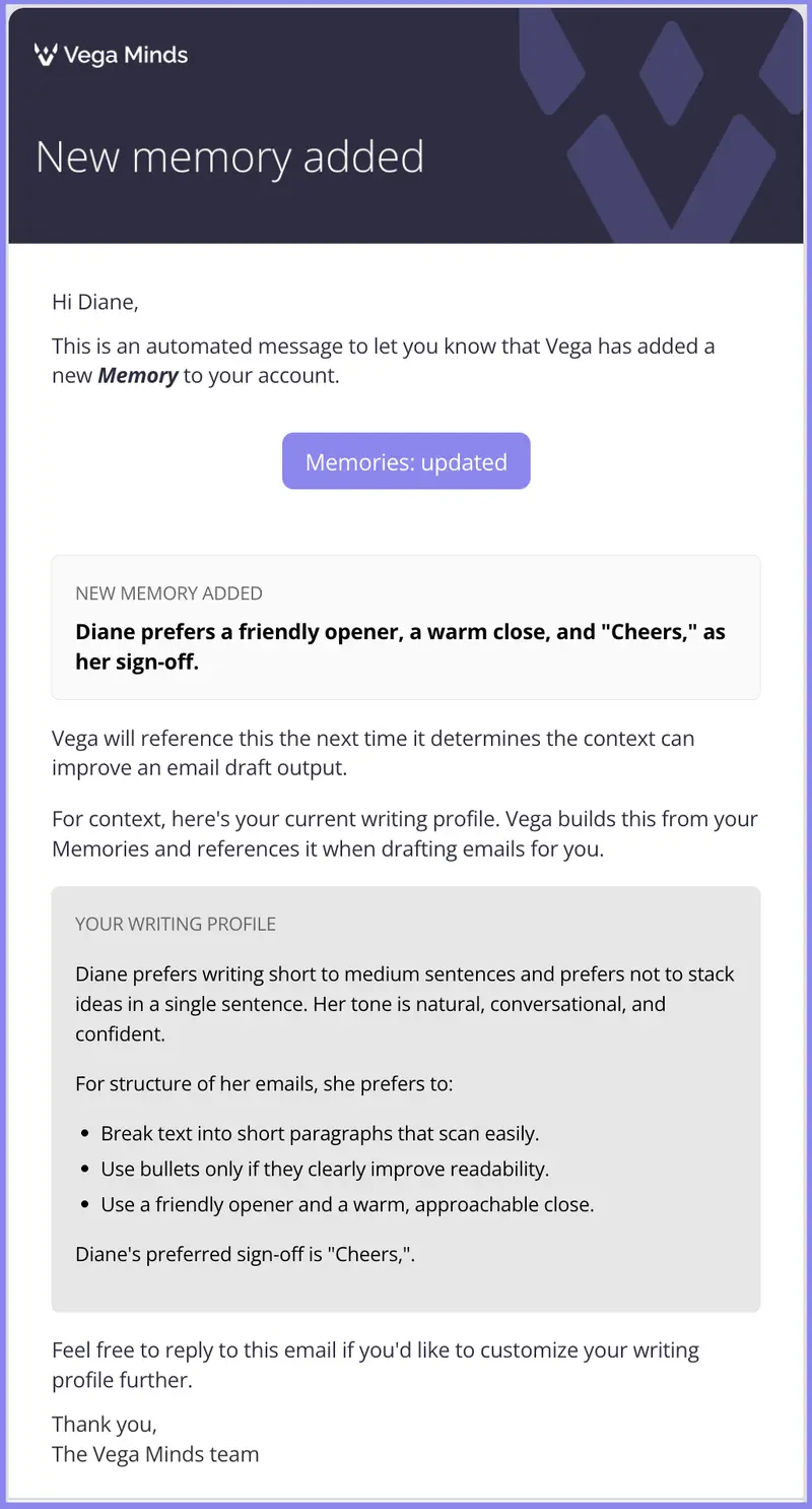 Memory confirmation email image