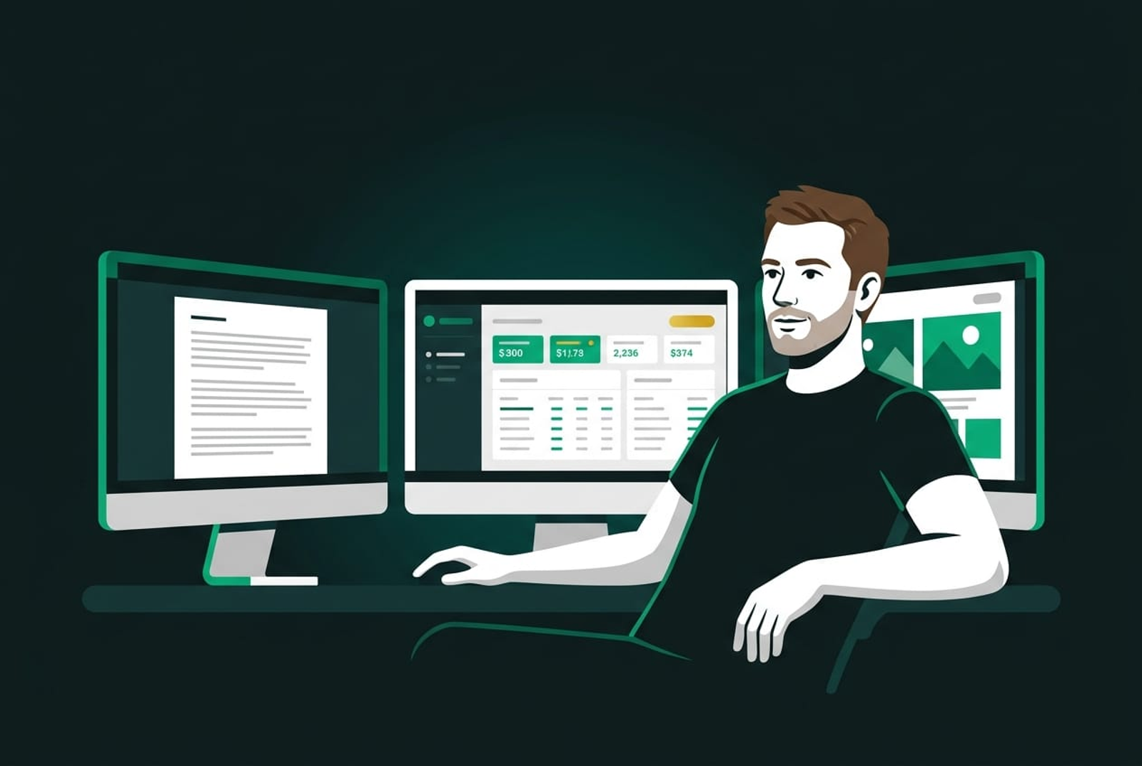 White collar worker at desk with three monitors happily managing a team of agentic AI workers