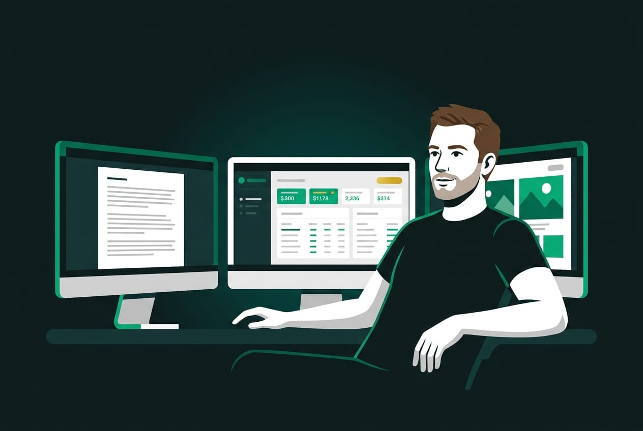 White collar worker at desk with three monitors happily managing a team of agentic AI workers