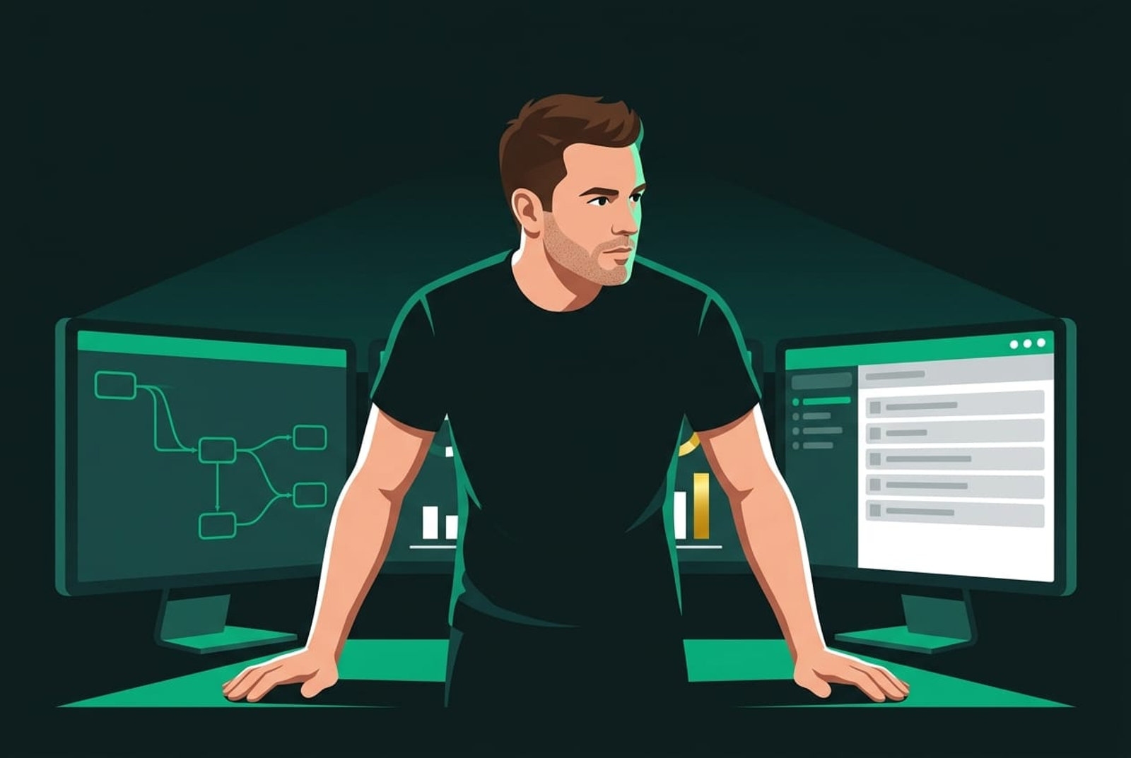 A man standing confidently in front of monitors showing system dashboards/node maps