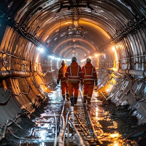 Mining crew working in an underground shaft with ventilation systems.