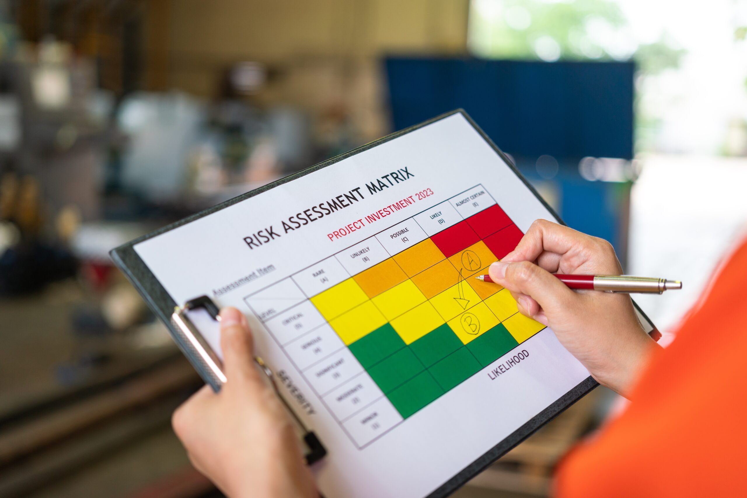 Risk assessment chart outlining probability and severity rankings.