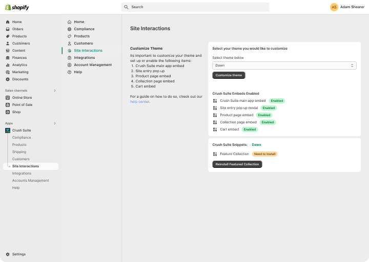 Admin interface showing site interactions configuration