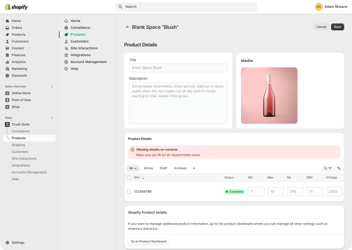 Crush Suite admin dashboard showing product editing capabilites