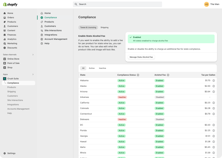 The Crush Suite admin interface showing state compliance settings