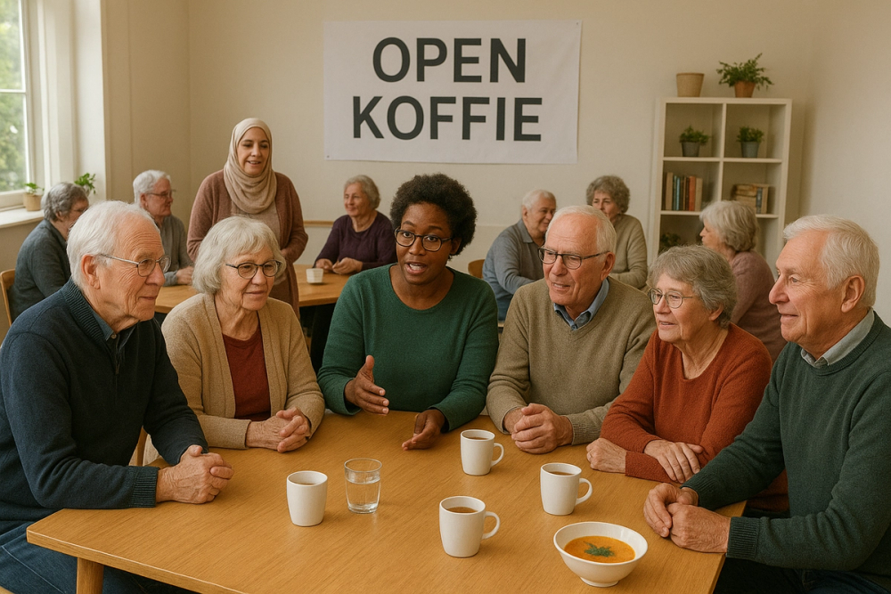 Bewoners en professionals komen samen tijdens een Open Koffie van Community Care om te werken aan wijkinitiatieven, zelfredzaamheid en sociale participatie