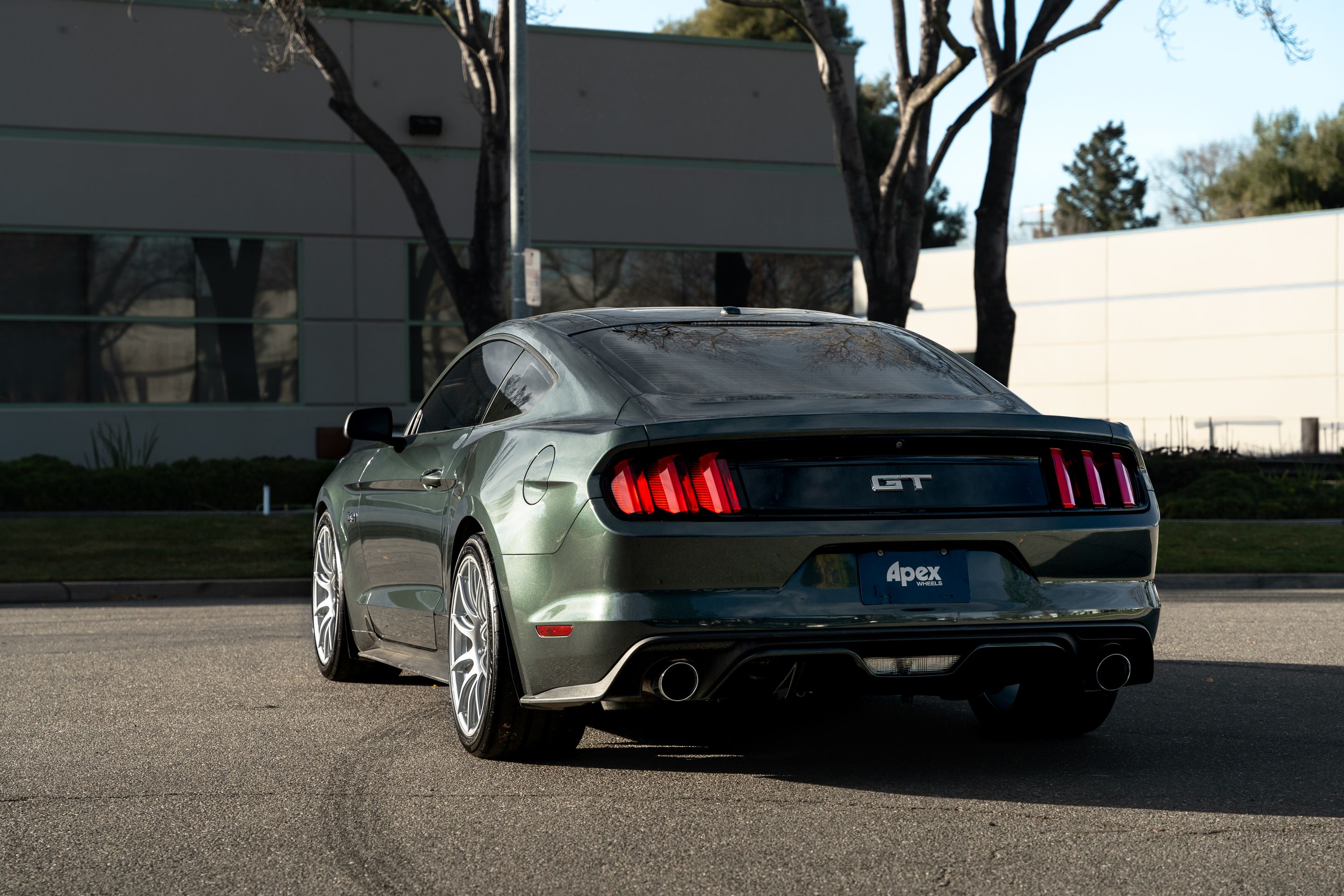 Green Ford S550 Mustang GT with 19" SM-10 Apex wheels in Race Silver