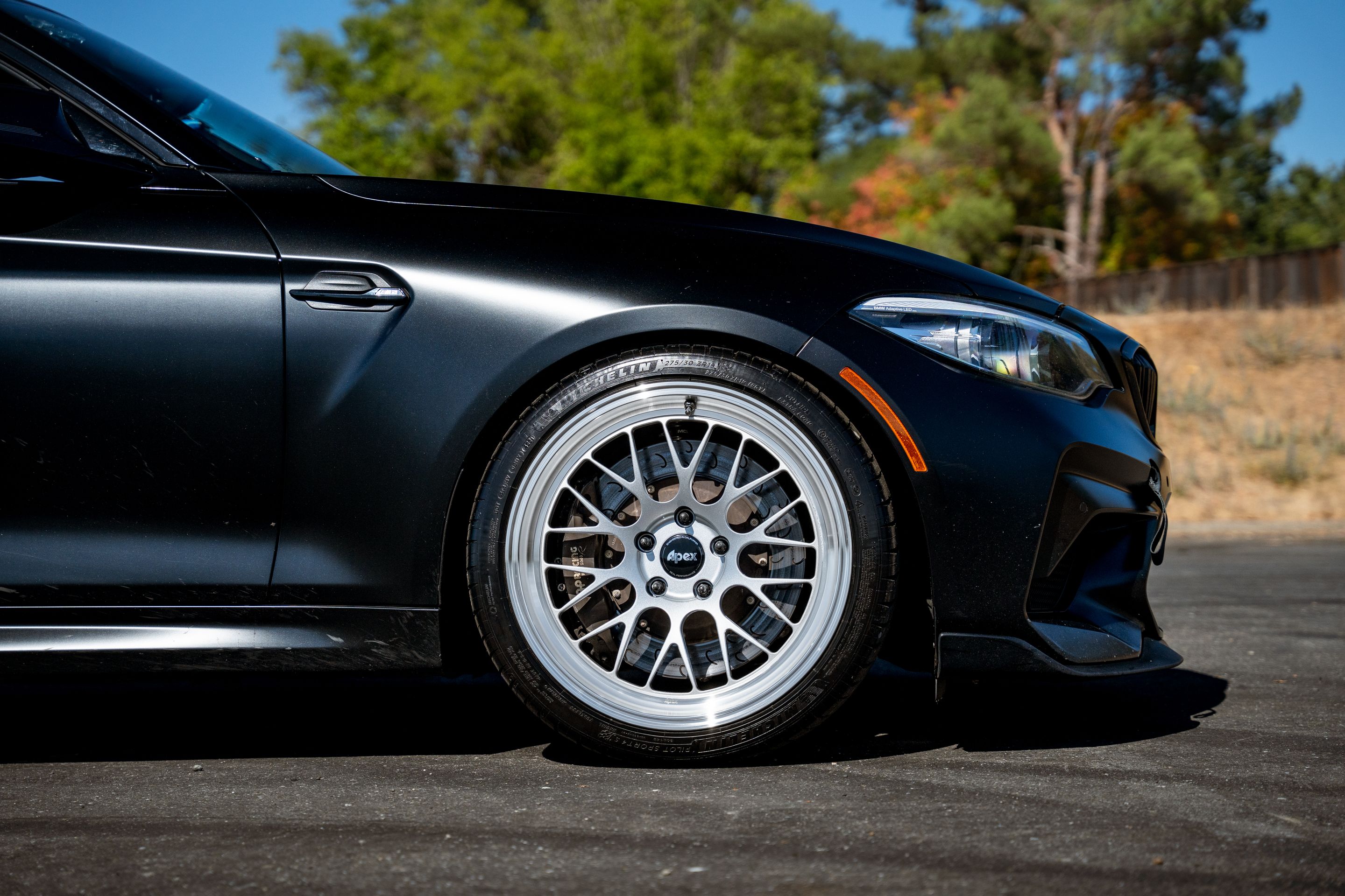Black BMW F87 M2 with 19" ML-10RT Apex wheels in Machined Lip Race Silver