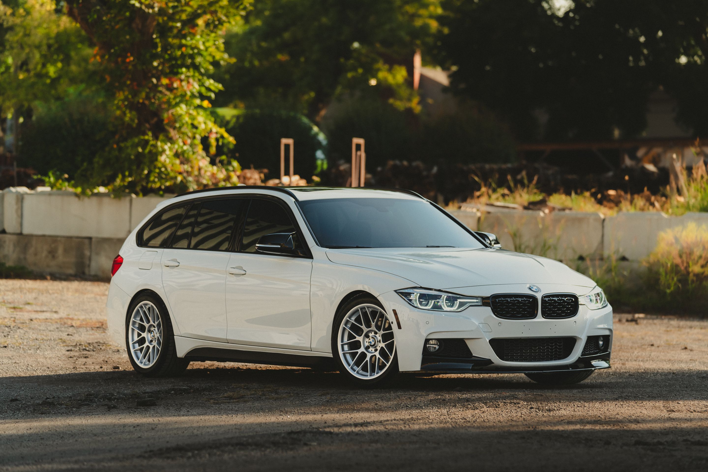 White BMW F31 Wagon 3 Series with 18" ARC-8 Apex wheels in Race Silver