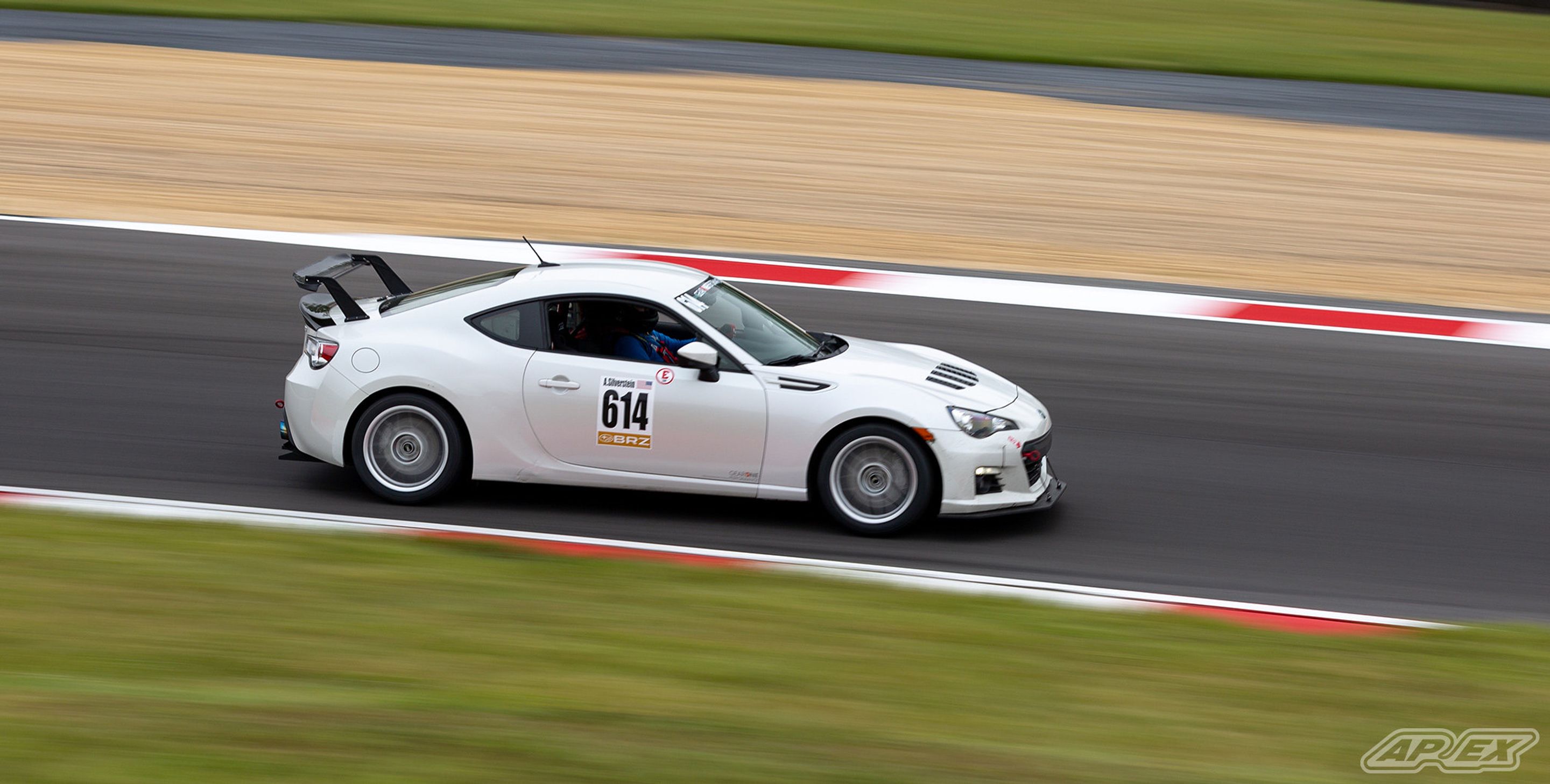 White Subaru ZC6 / Gen 1 BRZ with 17" ARC-8 Apex wheels in Race Silver