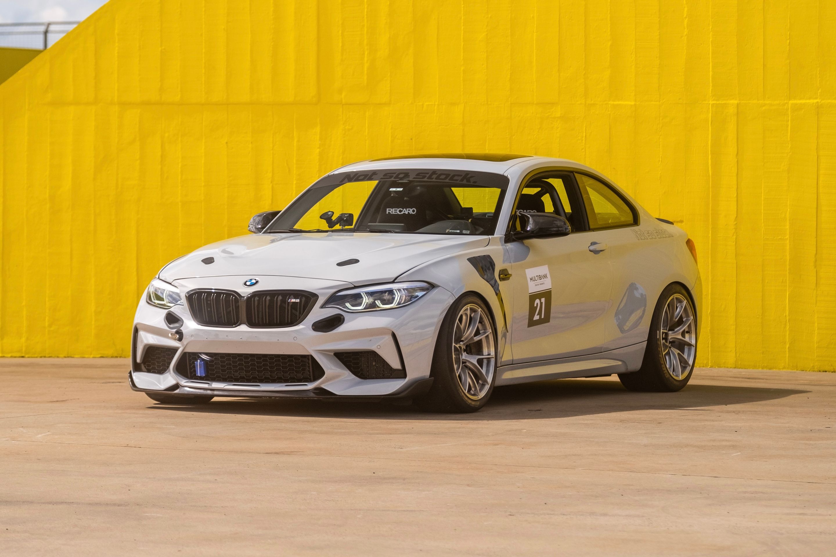Silver BMW F87 M2 with 18" VS-5RS Apex wheels in Brushed Clear