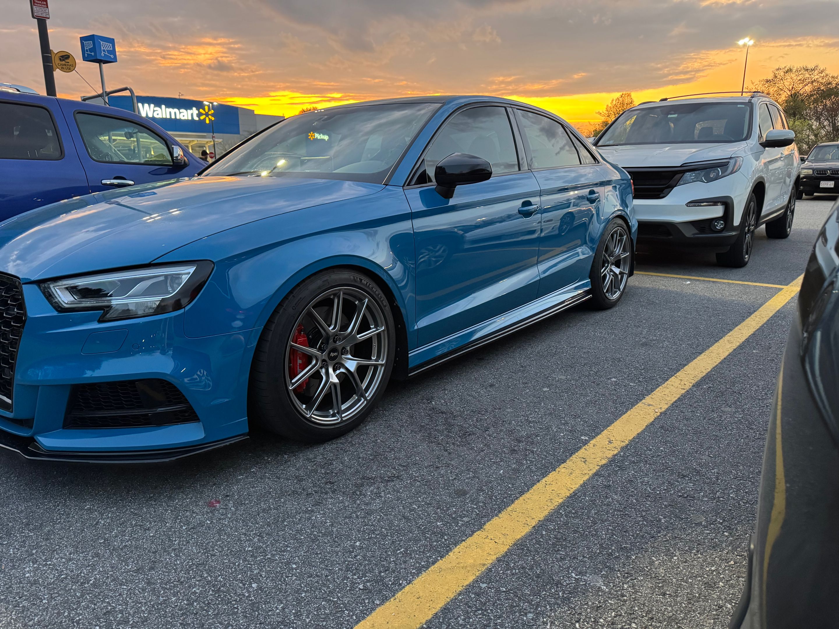 Blue Audi 8V S3 with 18" VS-5 Apex wheels in Hyper Black