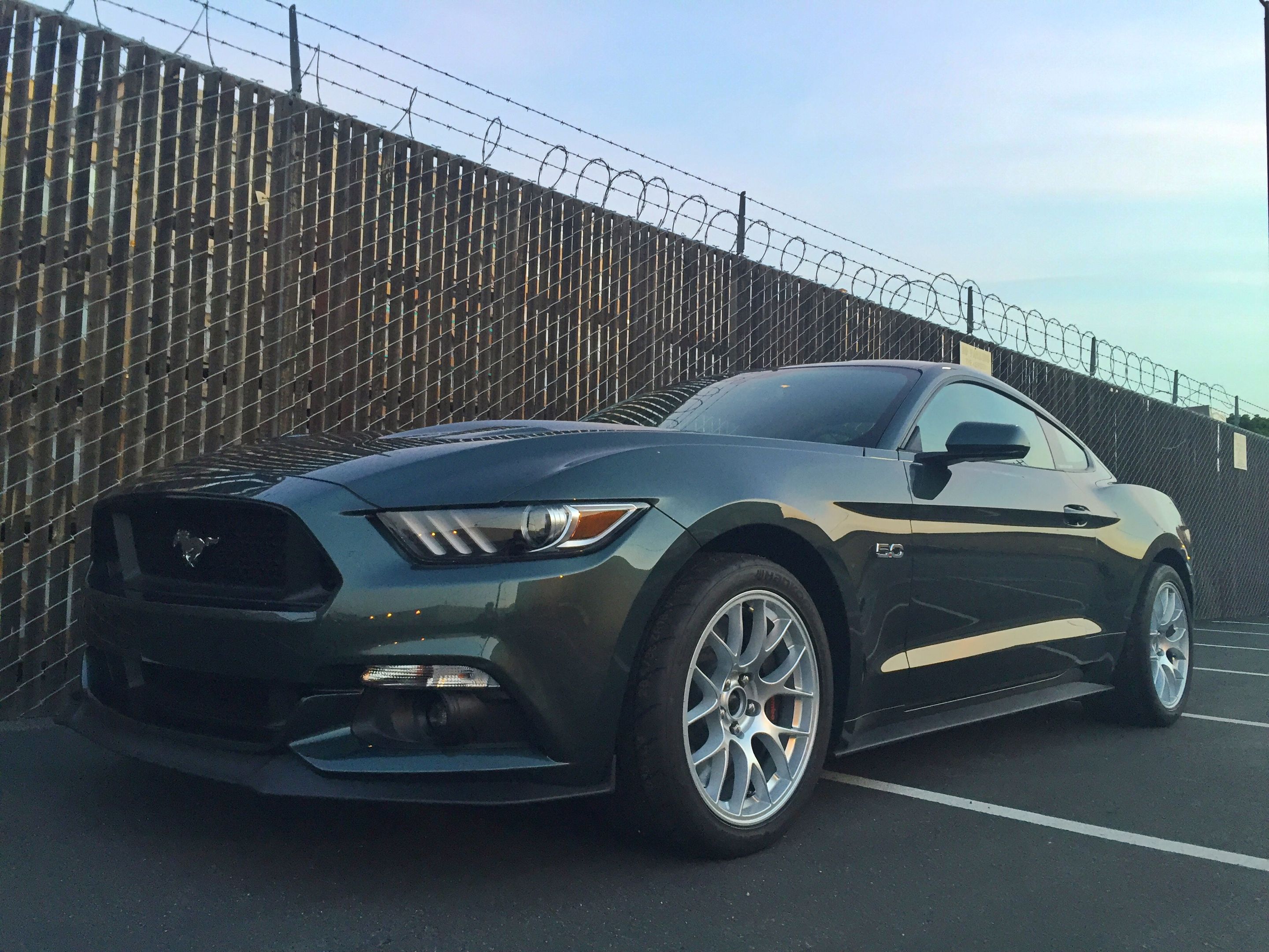 Green Ford S550 Mustang GT with 18" EC-7 Apex wheels in Race Silver