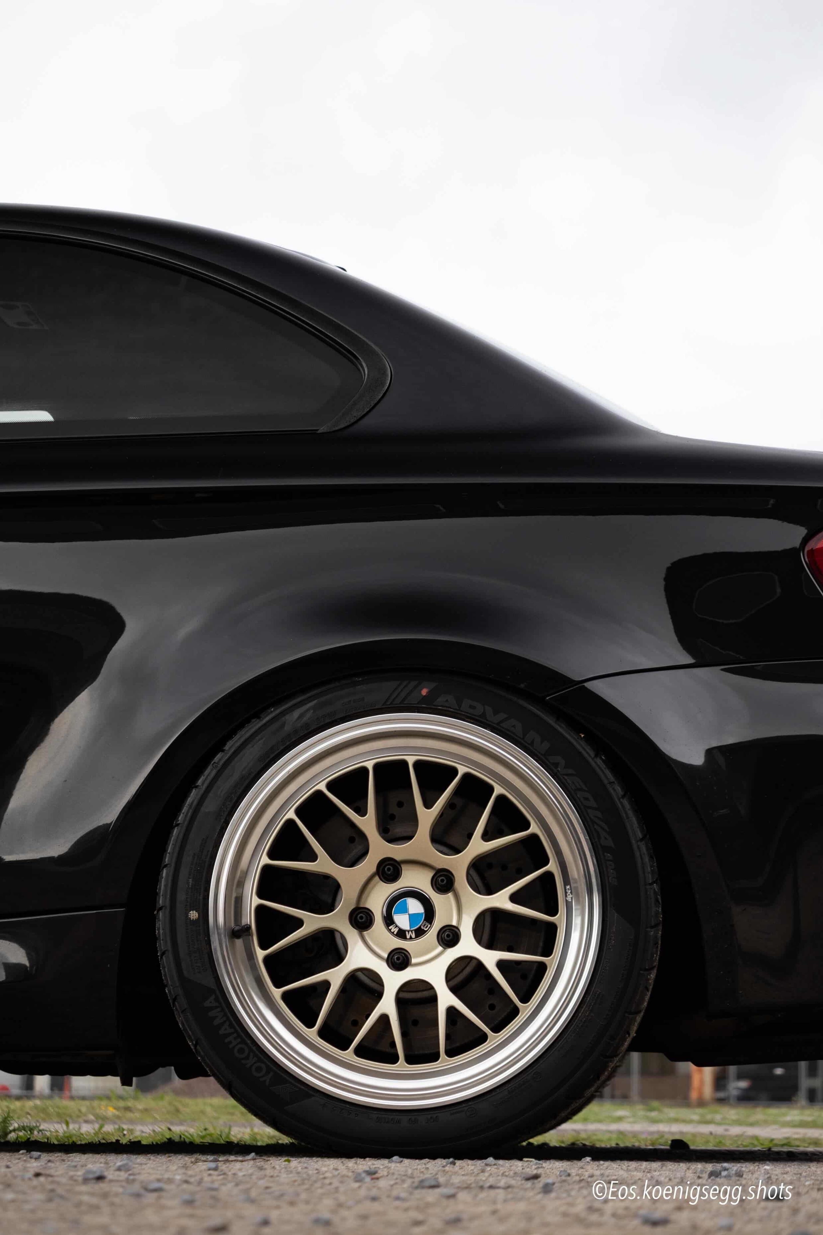 Black BMW E82 1M with 18" ML-10RT Apex wheels in Machined Lip Gloss Motorsport Gold